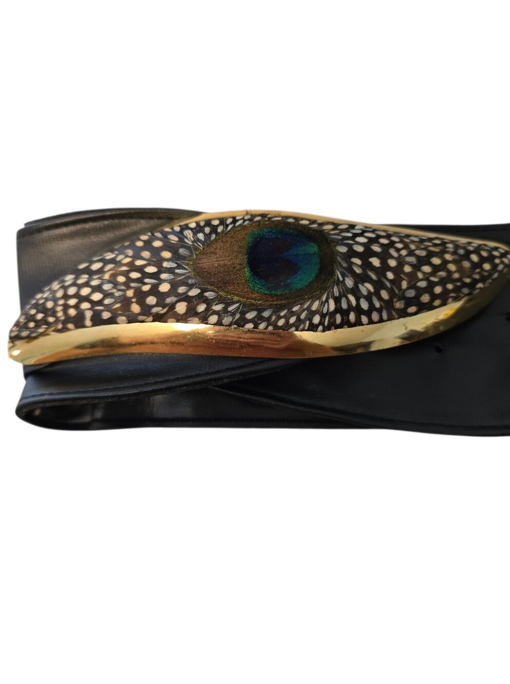 Lee Sands Black Leather Genuine Peacock Feathers Buckle Belt Size M/L READ - Picture 2 of 14